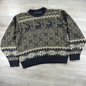 VTG Hill Archer Large Dancing Reindeer Fair Isle Chunky Knit Sweater Brown &Navy